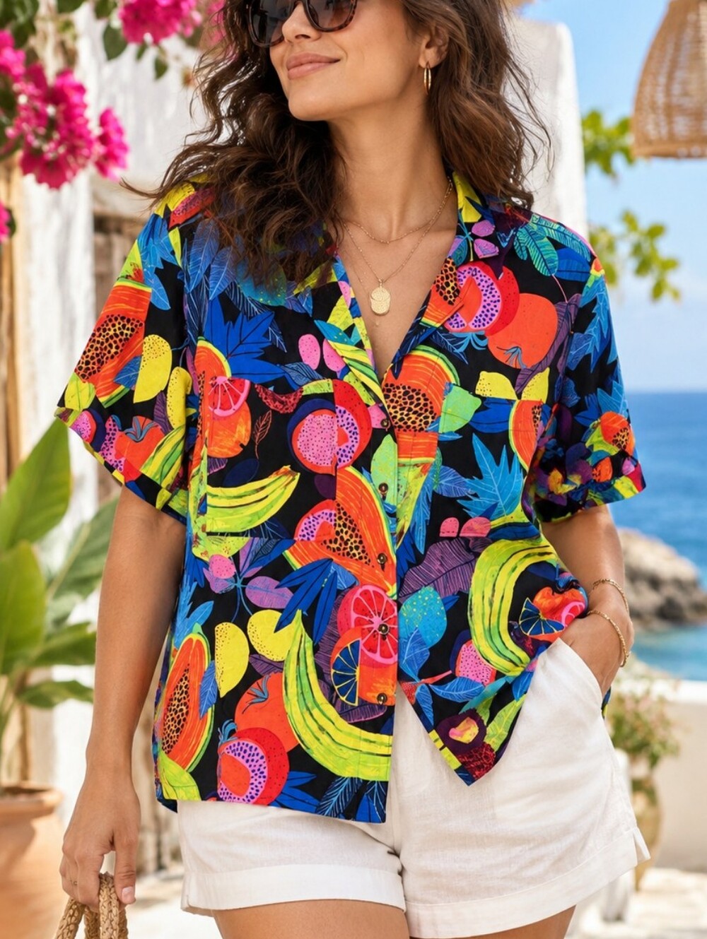 Anthropologie x Oana Sipos Fruit Print Short Sleeve Button Down Shirt Size M
